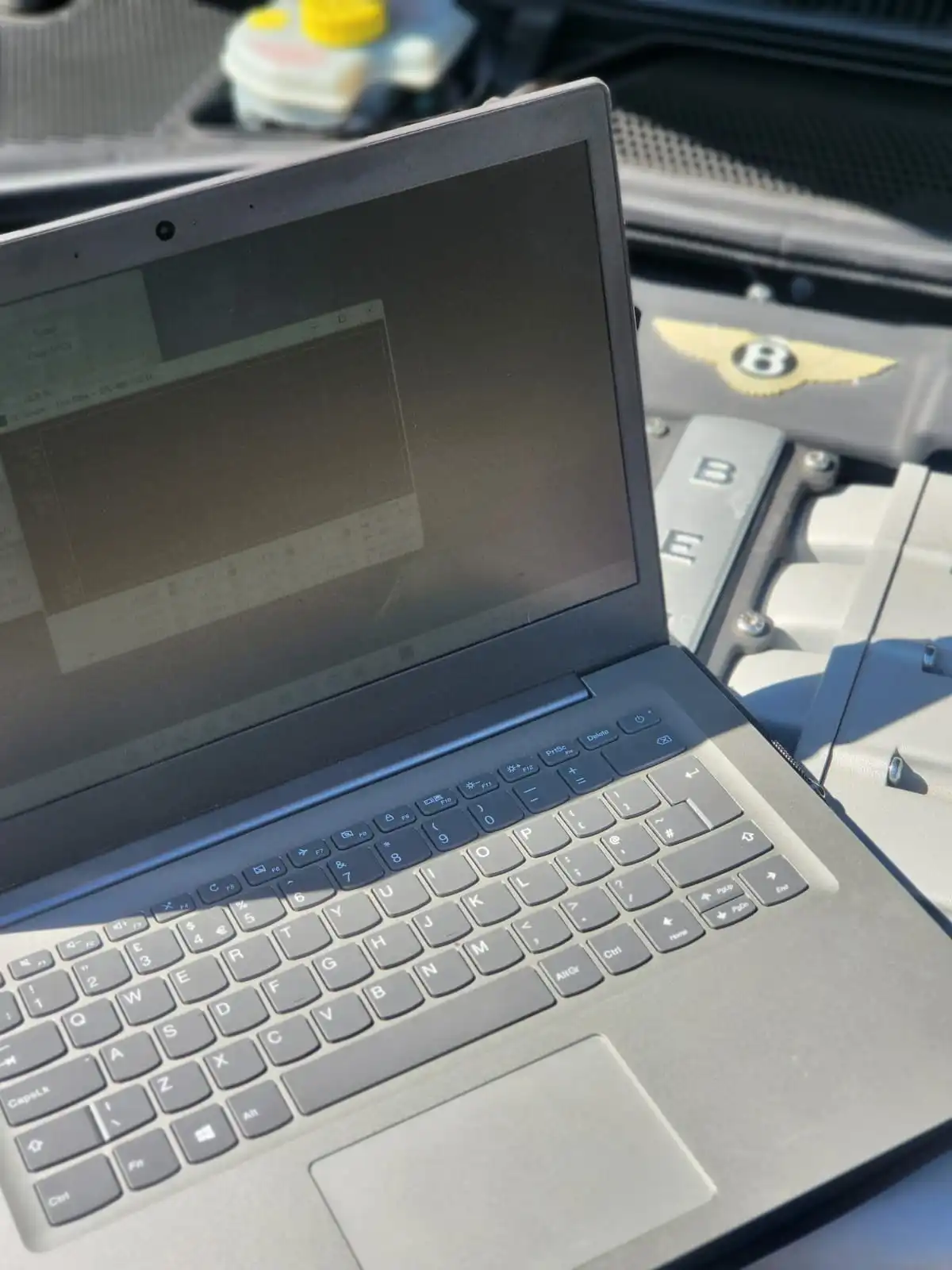 diagnostic test being performed on a car, involving specialist software.